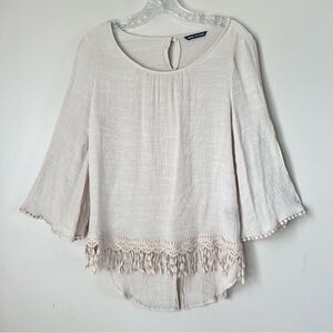 Unique Spectrum Boho Lightweight Crocheted Fringe 3/4 Sleeve Blouse